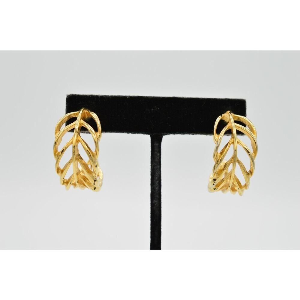 Vintage Leaf Hoop Earrings 1" Gold Curled Feather Chunky Dangle NOS 1980s 9C